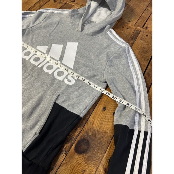 Adidas Hoodie Youth L Gray Black Colorblock Pullover Sweatshirt Logo Athleisure - Picture 3 of 9